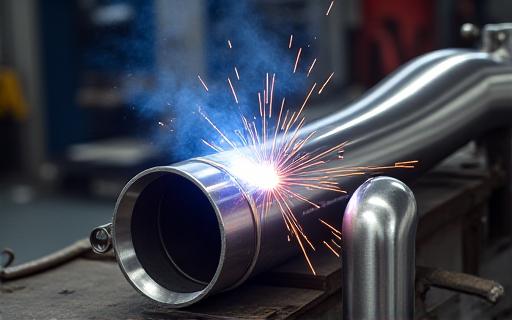 Custom exhaust system being fabricated from steel piping