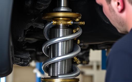 Technician installing an aftermarket coilover suspension